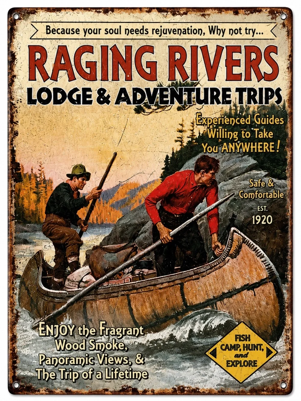 NEW Raging River Lodge & Adventure Trip Metal Sign